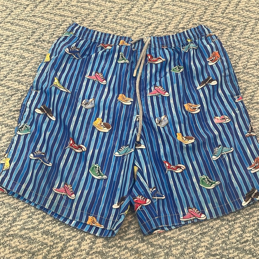Zeybra portofino Size 14 boys swim bathingsuit blue stripe with converse sneake
